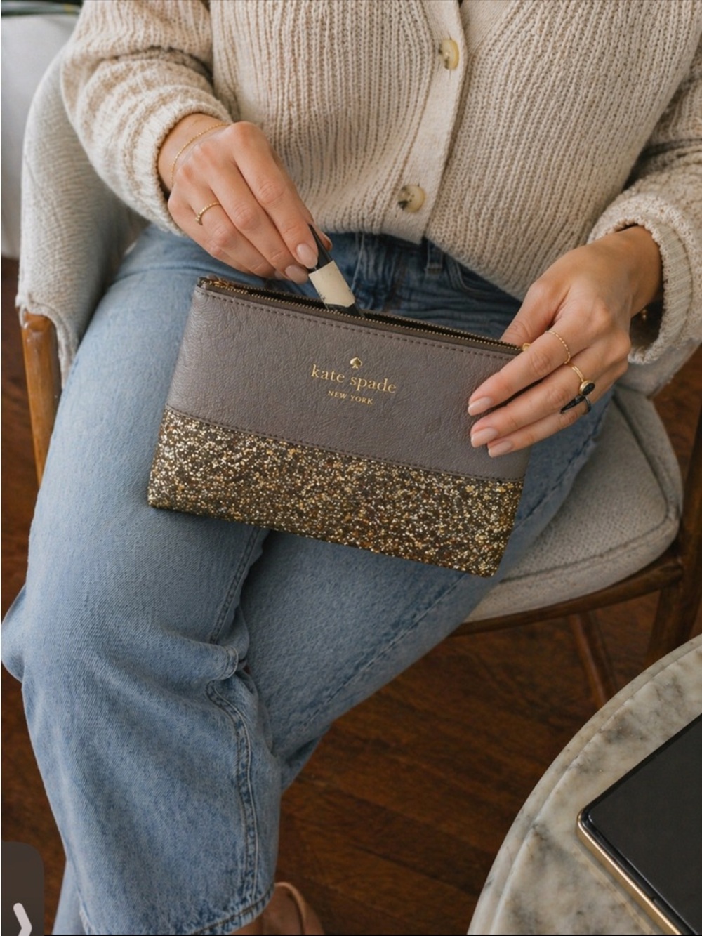 Kate Spade NWT Taupe/Silver Glitter Pouch  bag - Picture 2 of 7
